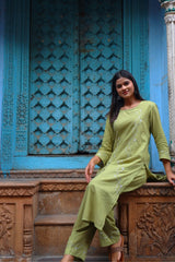 Heer Mul Cotton 2 PC Olive Green chikankari Kurta set Gharana