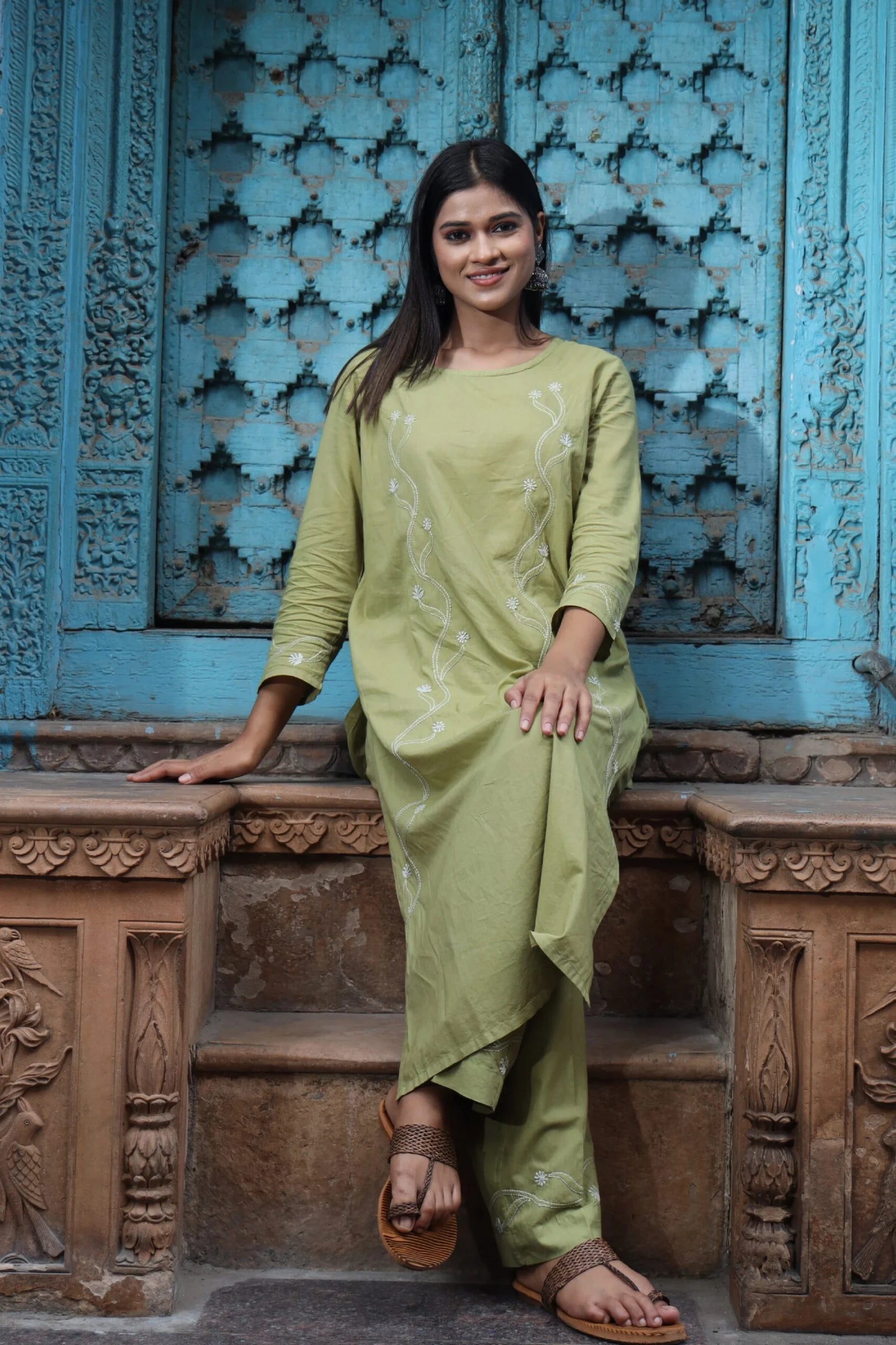 Heer Mul Cotton 2 PC Olive Green chikankari Kurta set Gharana