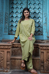 Heer Mul Cotton 2 PC Olive Green chikankari Kurta set Gharana