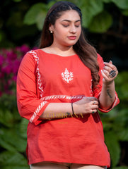 Sahiba Pure Cotton Red Chikankari Top Gharana
