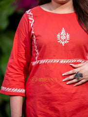 Sahiba Pure Cotton Red Chikankari Top Gharana