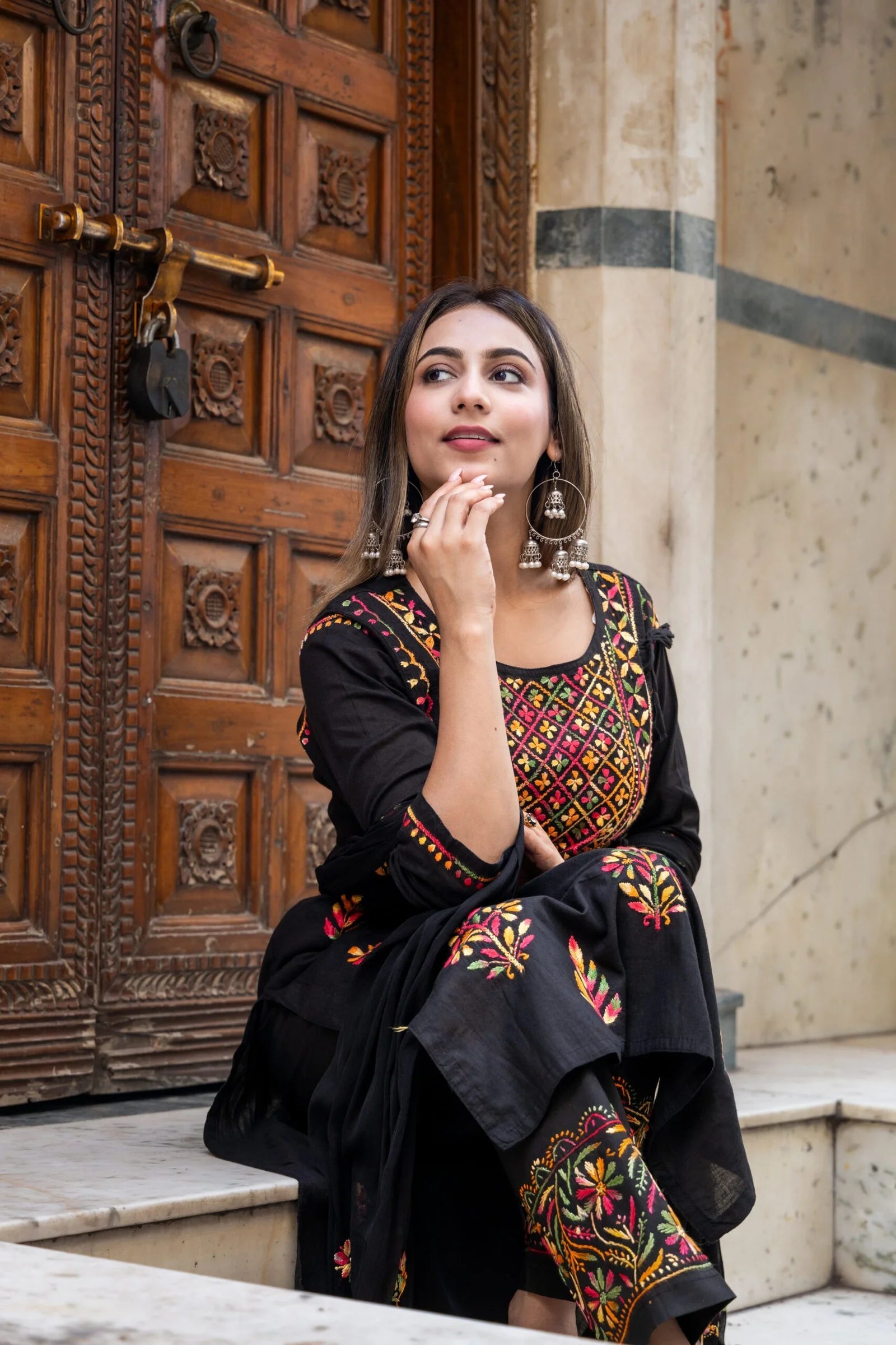 Heer Cotton 3 PC Black Chikankari Kurta set with embroidered Pant and Dupatta Gharana