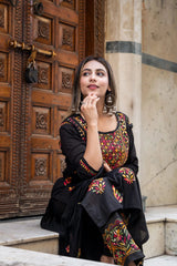 Heer Cotton 3 PC Black Chikankari Kurta set with embroidered Pant and Dupatta Gharana