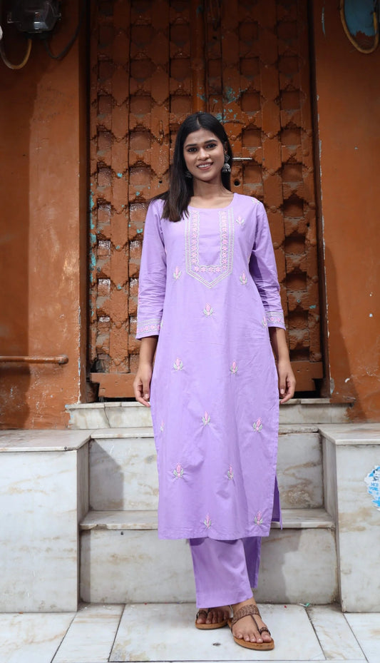 Heer Mul Cotton 2 PC Lilac chikankari Kurta set Gharana
