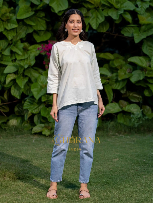 Sahiba Pure Cotton Lightest Green Chikankari Short Top Gharana