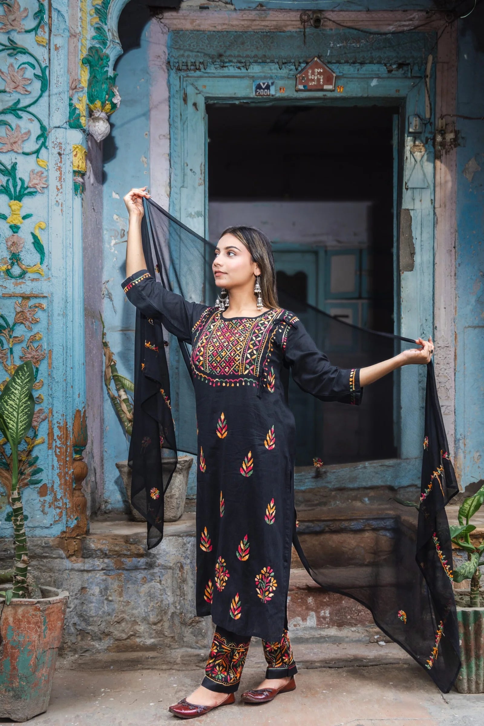 Heer Cotton 3 PC Black Chikankari Kurta set with embroidered Pant and Dupatta Gharana