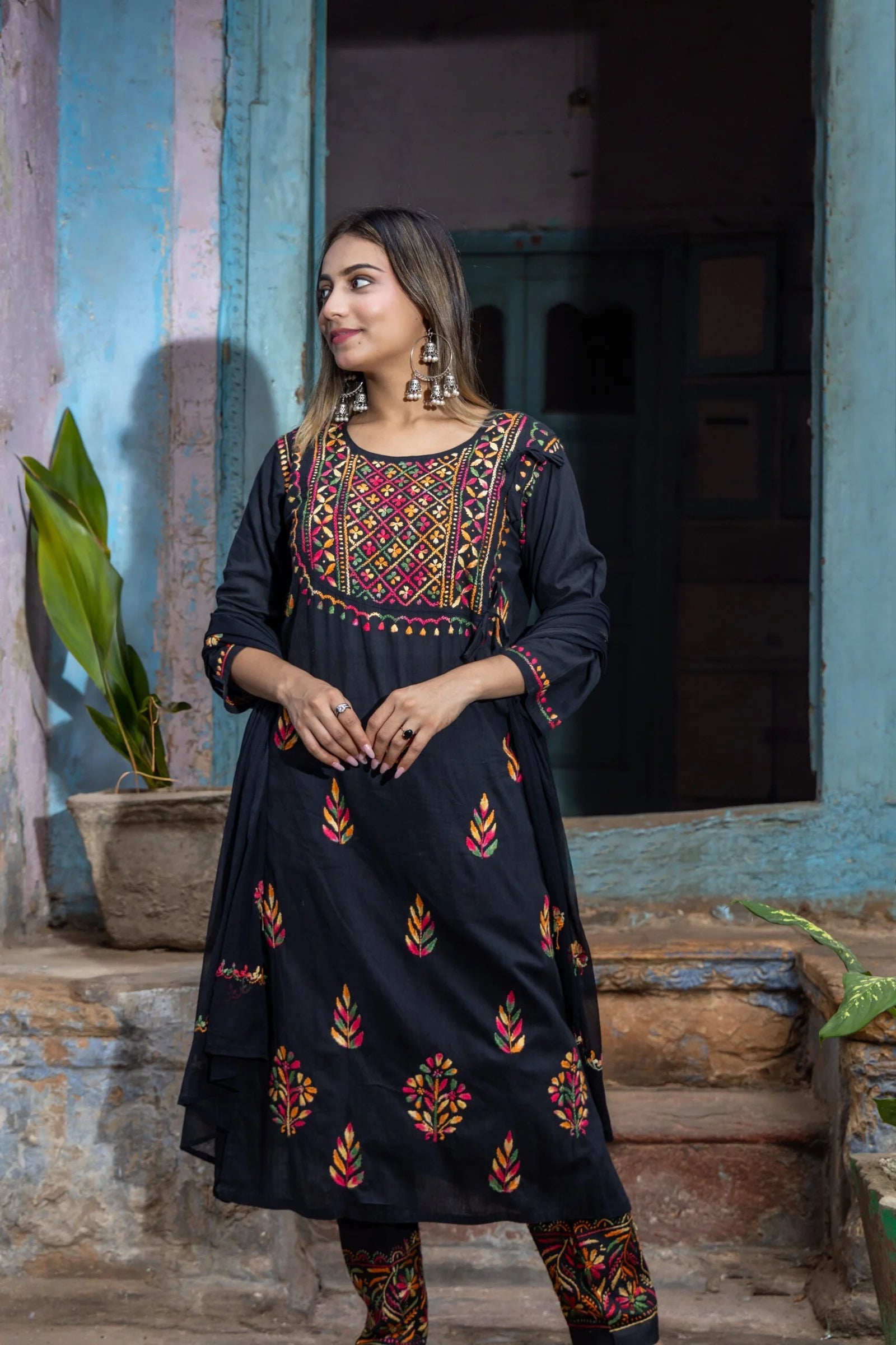 Heer Cotton 3 PC Black Chikankari Kurta set with embroidered Pant and Dupatta Gharana