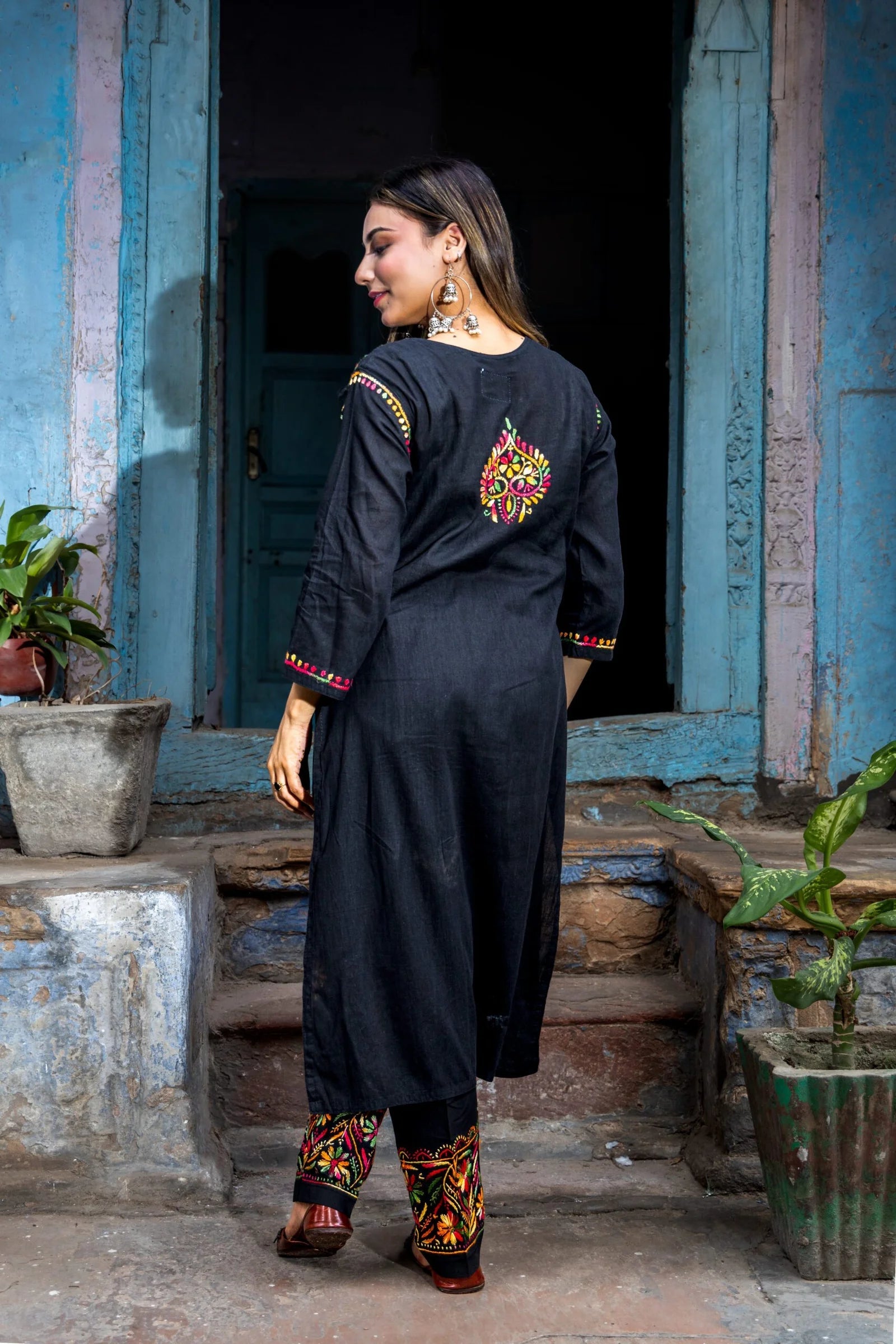 Heer Cotton 3 PC Black Chikankari Kurta set with embroidered Pant and Dupatta Gharana