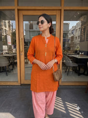 Aira Sunset Orange Cotton Slub Kurta Set with Playful checked Salwar