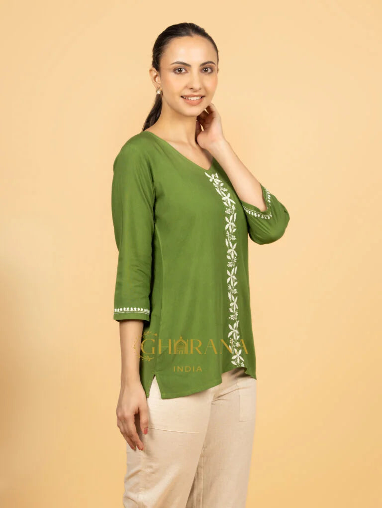 Sahiba Luxury Rayon Green Chikankari Top Gharana