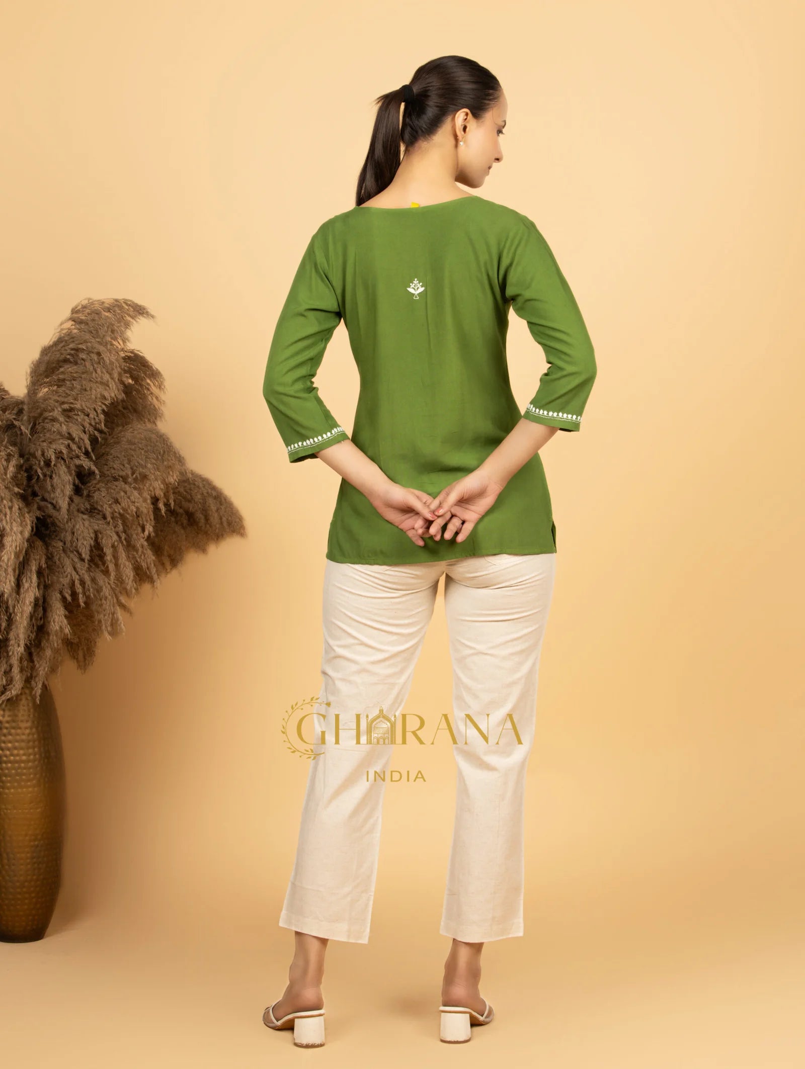 Sahiba Luxury Rayon Green Chikankari Top Gharana