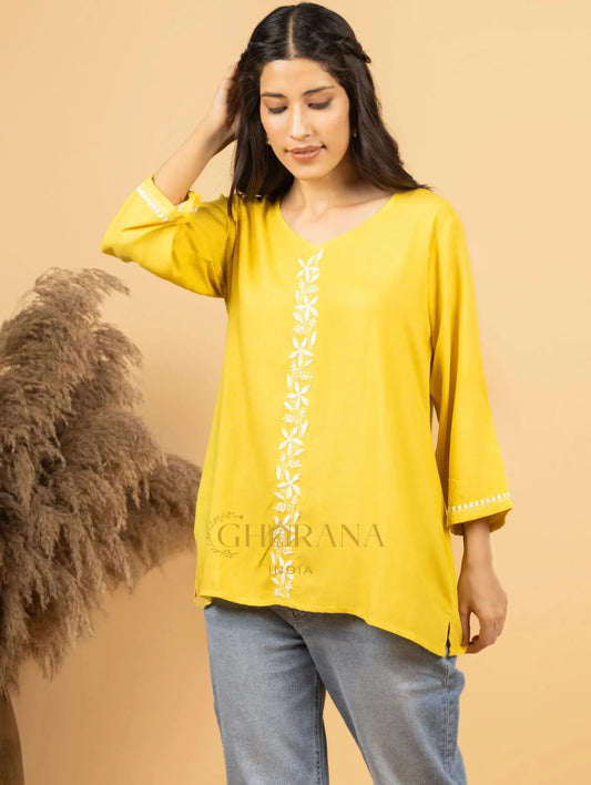 Sahiba Luxury Rayon Yellow Chikankari Top Gharana