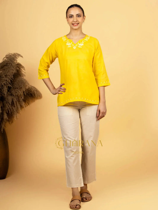 Sahiba Pure Cotton Yellow Chikankari Short Top Gharana