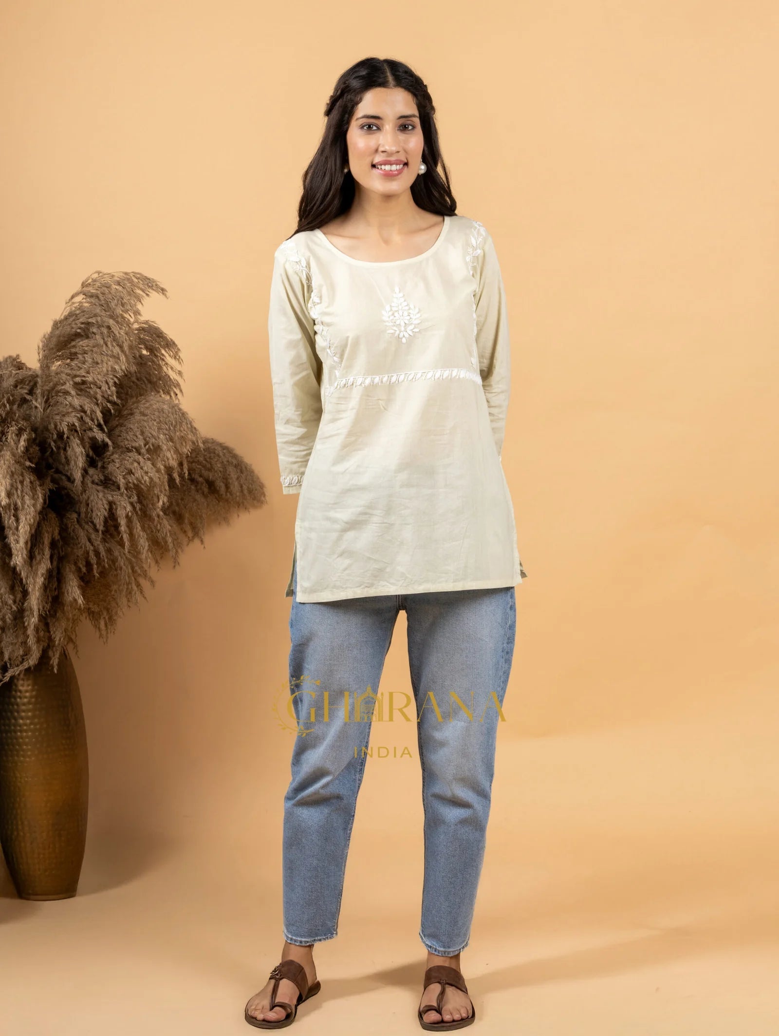 Sahiba Pure Cotton Light Green Chikankari Top Gharana