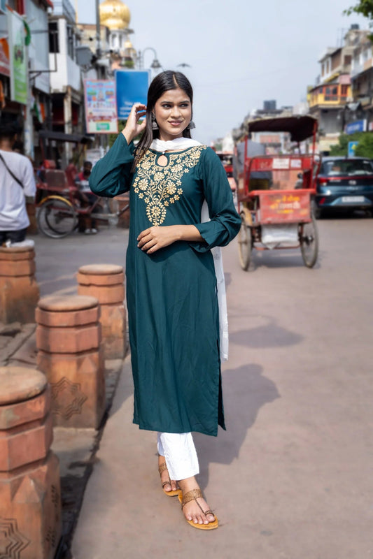 Heer Rayon Bottle Green Chikankari kurta Gharana