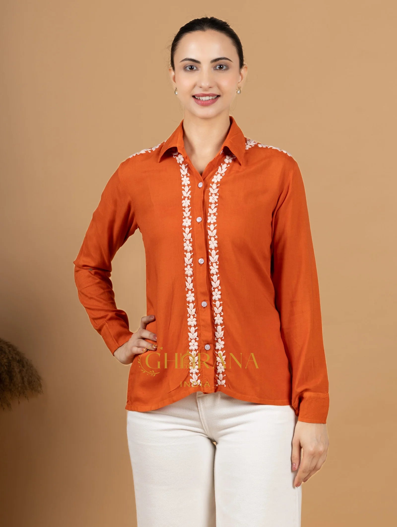 Sahiba Luxury Rayon Burnt Orange Chikankari Shirt Top Gharana