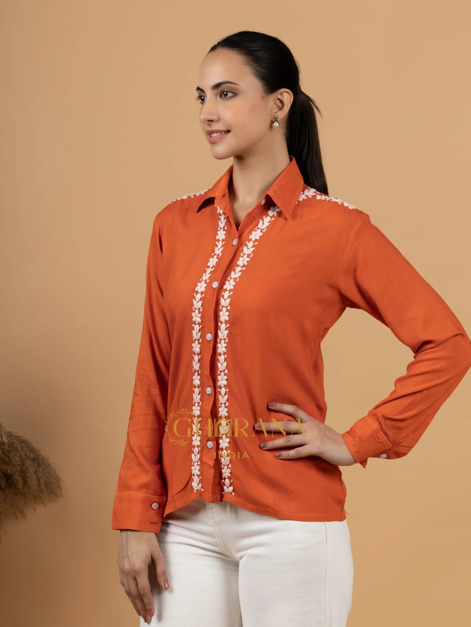 Sahiba Luxury Rayon Burnt Orange Chikankari Shirt Top Gharana