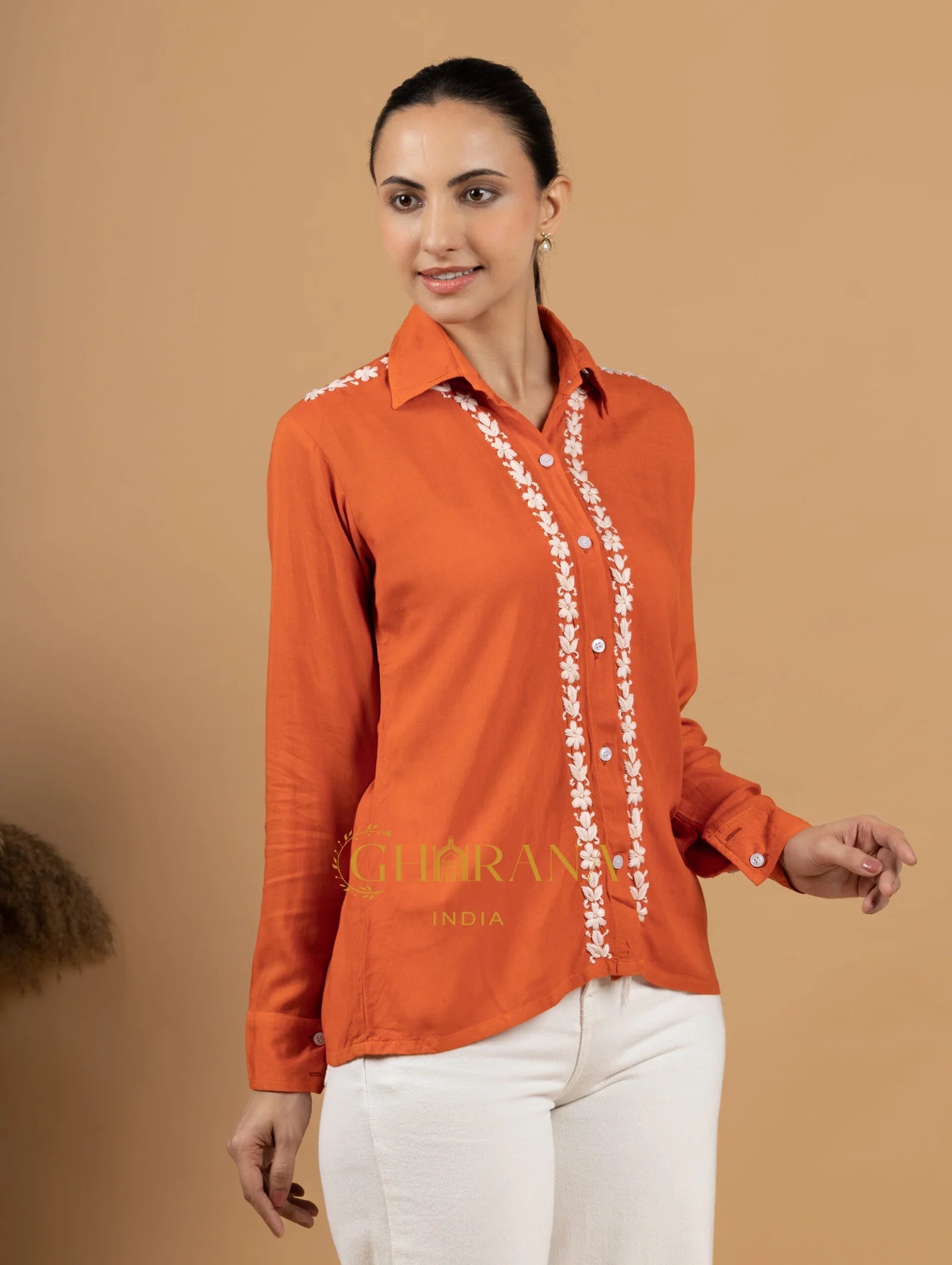 Sahiba Luxury Rayon Burnt Orange Chikankari Shirt Top Gharana