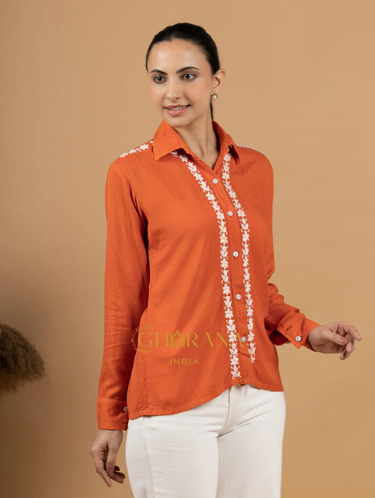 Sahiba Luxury Rayon Burnt Orange Chikankari Shirt Top Gharana