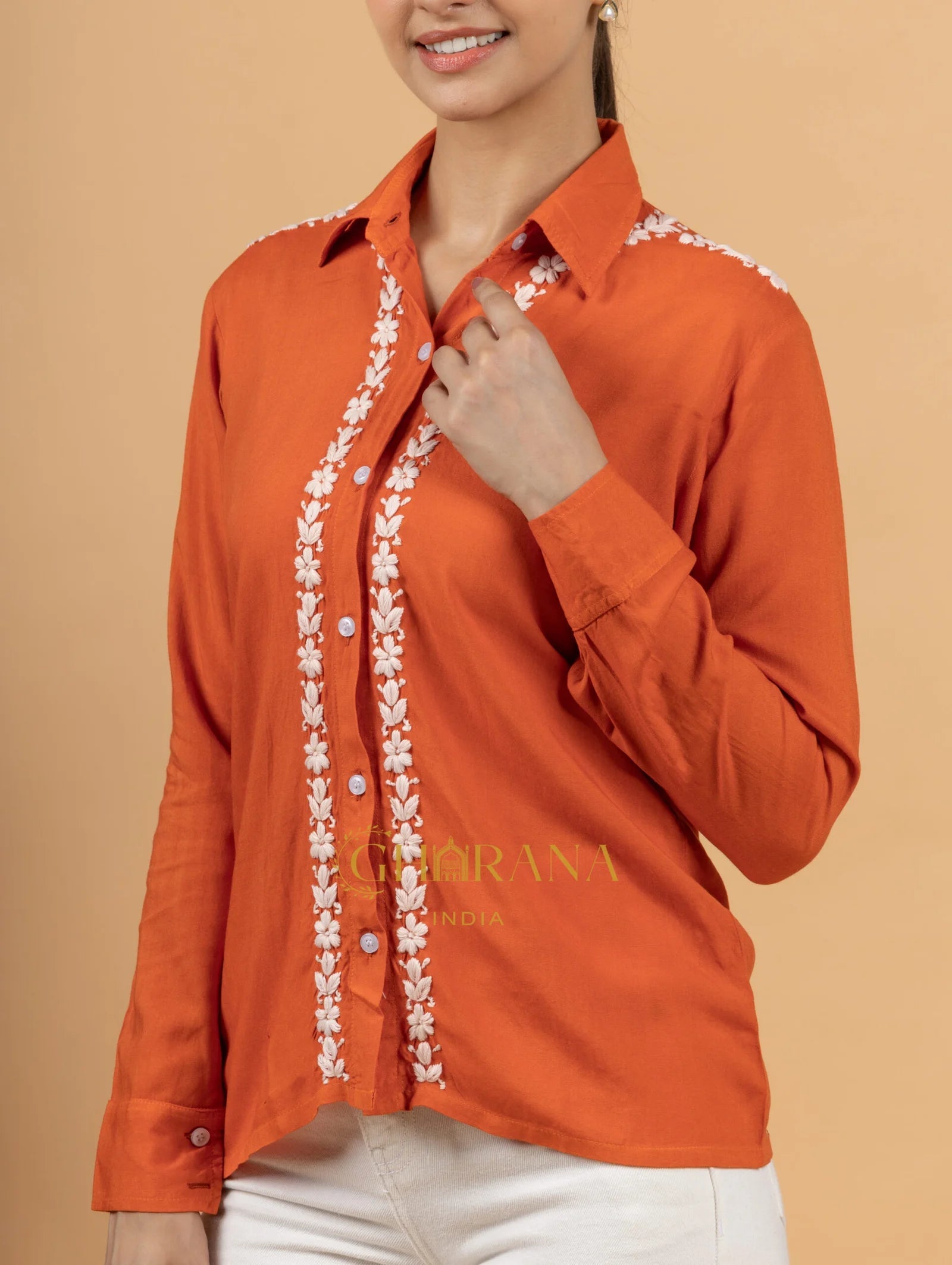 Sahiba Luxury Rayon Burnt Orange Chikankari Shirt Top Gharana