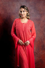Ishq Georgette 4PC Chikankari Kurta set in Resham Jaal and Mukaish work-Pink Gharana