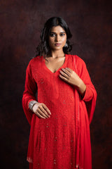 Ishq Georgette 4PC Chikankari Kurta Set with Resham Jaal and Mukaish work – Red Gharana