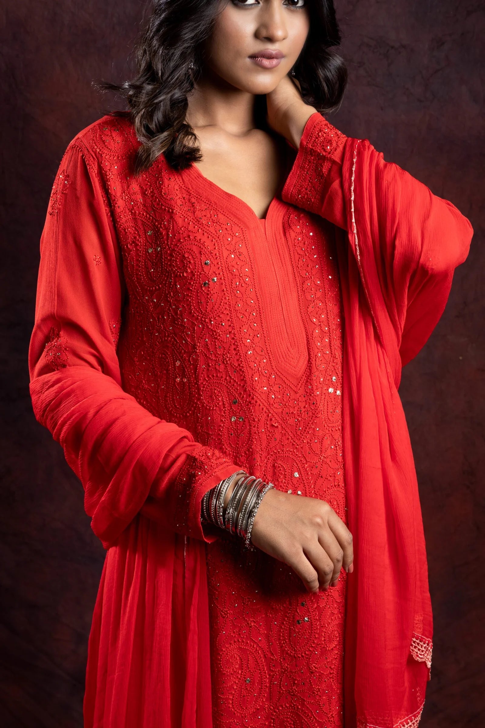 Ishq Georgette 4PC Chikankari Kurta Set with Resham Jaal and Mukaish work – Red Gharana