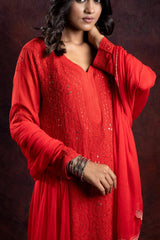 Ishq Georgette 4PC Chikankari Kurta Set with Resham Jaal and Mukaish work – Red Gharana