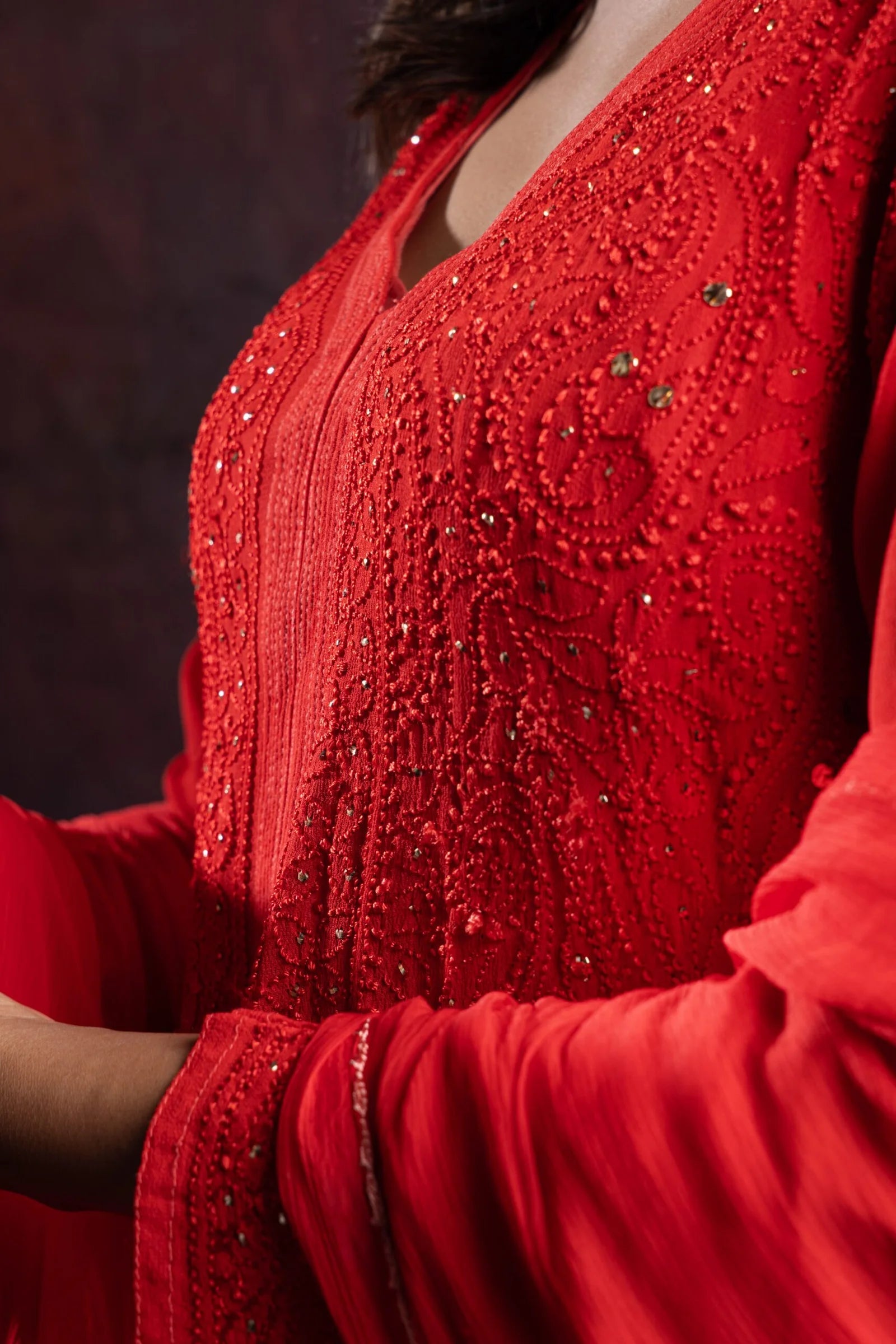 Ishq Georgette 4PC Chikankari Kurta Set with Resham Jaal and Mukaish work – Red Gharana
