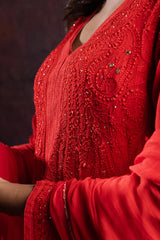 Ishq Georgette 4PC Chikankari Kurta Set with Resham Jaal and Mukaish work – Red Gharana