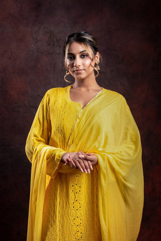 Ishq Georgette 4PC Chikankari Kurta Set in Resham Jaal and Mukaish work-Yellow Gharana