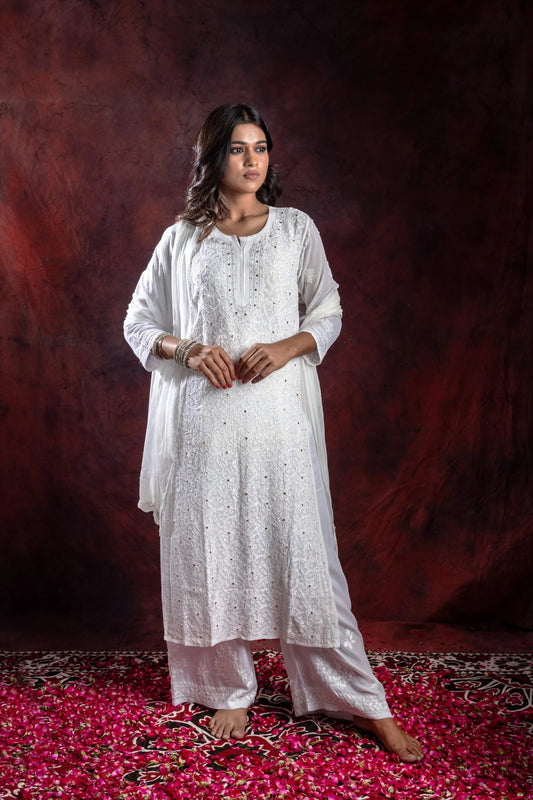 Ishq Georgette Kurta in Resham Jaal and Mukaish work_White Gharana