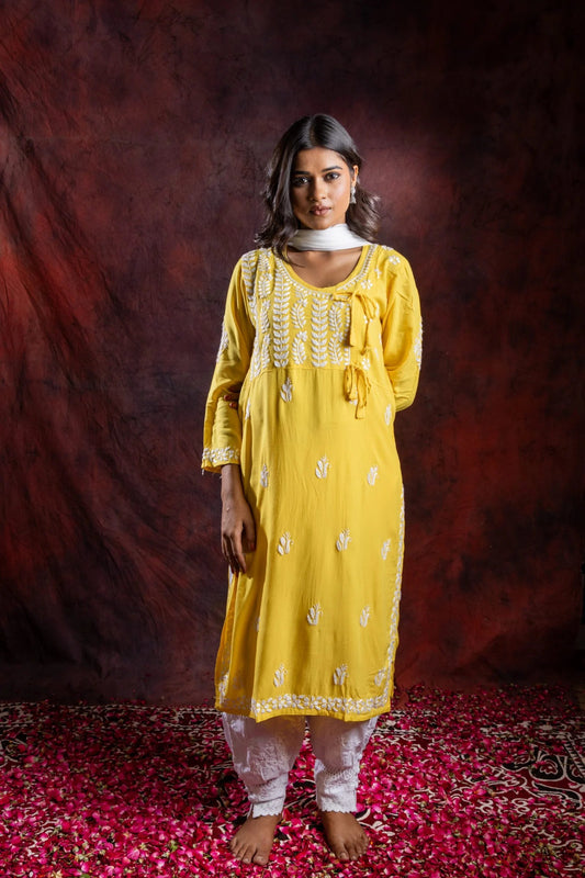 Ishq Rayon Yellow Angrakha Style Chikankari kurta Gharana