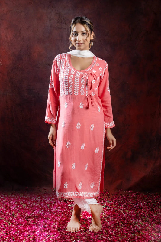 Ishq Rayon Blush Pink Angrakha Style Chikankari kurta Gharana