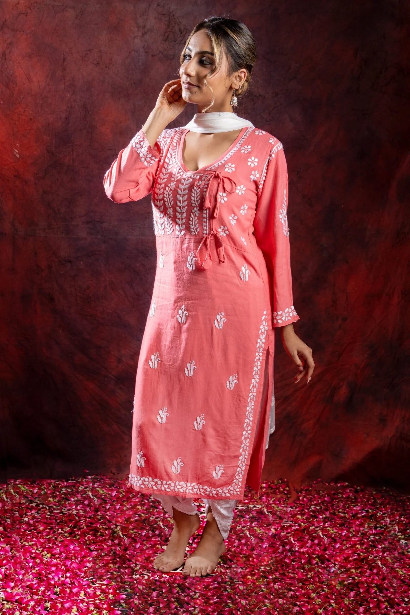 Ishq Rayon Blush Pink Angrakha Style Chikankari kurta Gharana