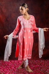 Ishq Rayon Blush Pink Angrakha Style Chikankari kurta Gharana