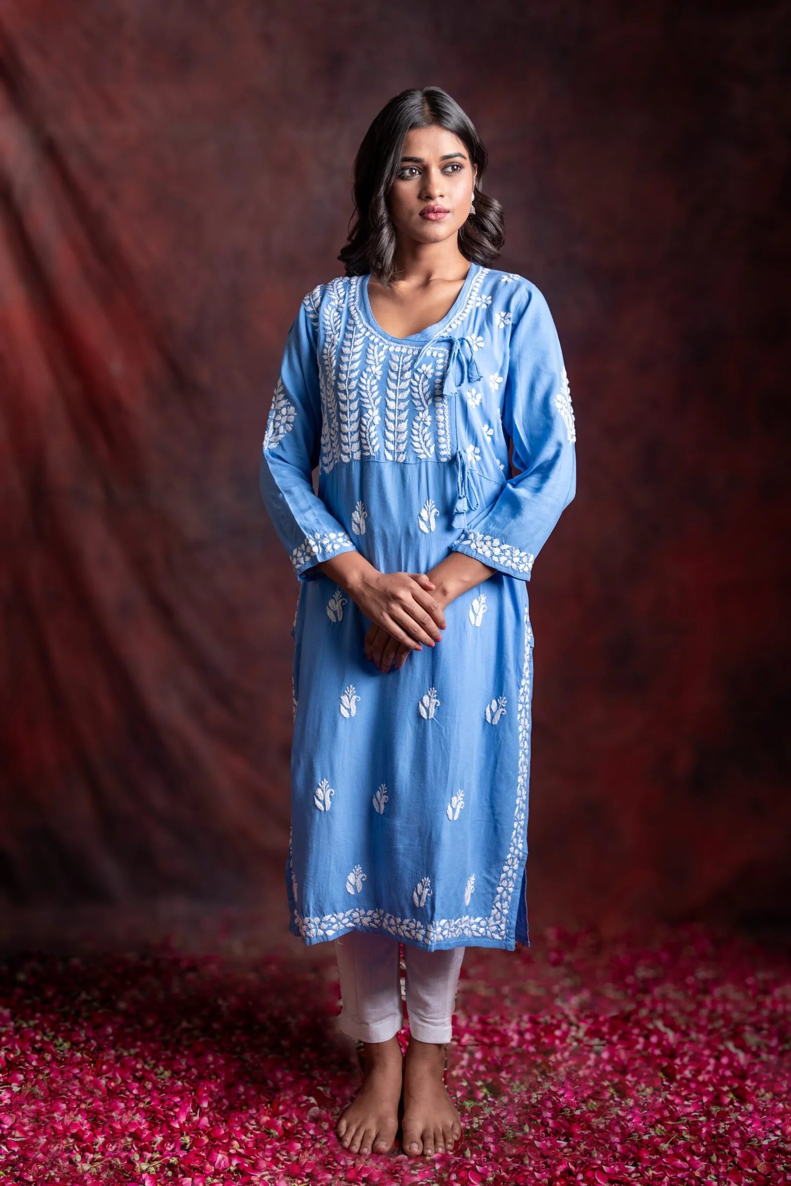 Ishq Rayon Blue Angrakha Style Chikankari kurta Gharana