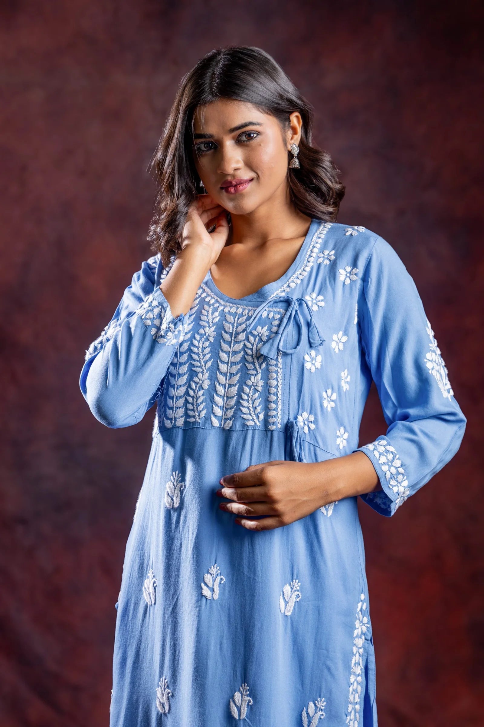 Ishq Rayon Blue Angrakha Style Chikankari kurta Gharana