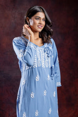 Ishq Rayon Blue Angrakha Style Chikankari kurta Gharana