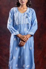 Ishq Rayon Blue Angrakha Style Chikankari kurta Gharana