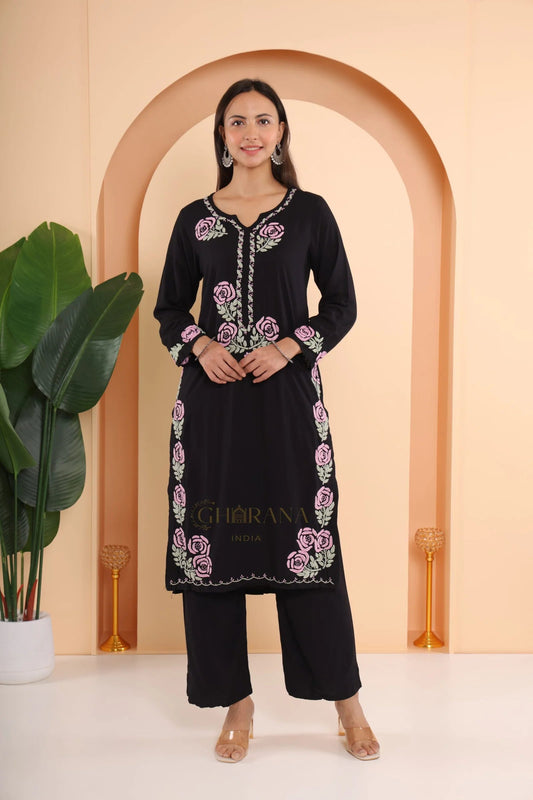 Ishq Luxury Rayon 2 PC Black chikankari Kurta set Gharana