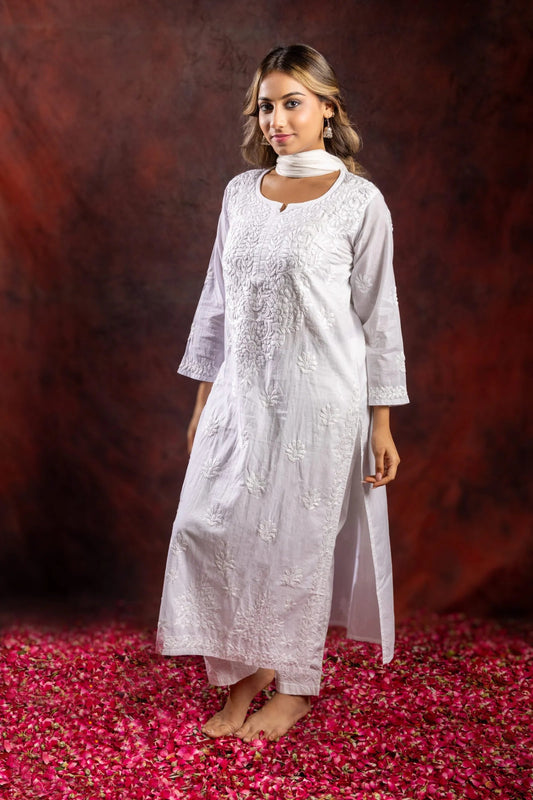 Ishq Chanderi Silk fine Chikankari Kurta_White Gharana