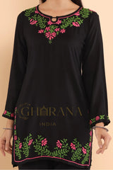 Ishq Modal Black chikankari Short Kurta in green and Pink Gharana
