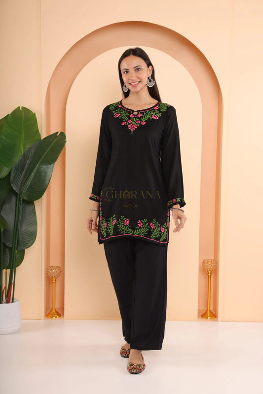 Ishq Modal 2 PC Black Chikankari Short Kurta set in Green and Pink Gharana