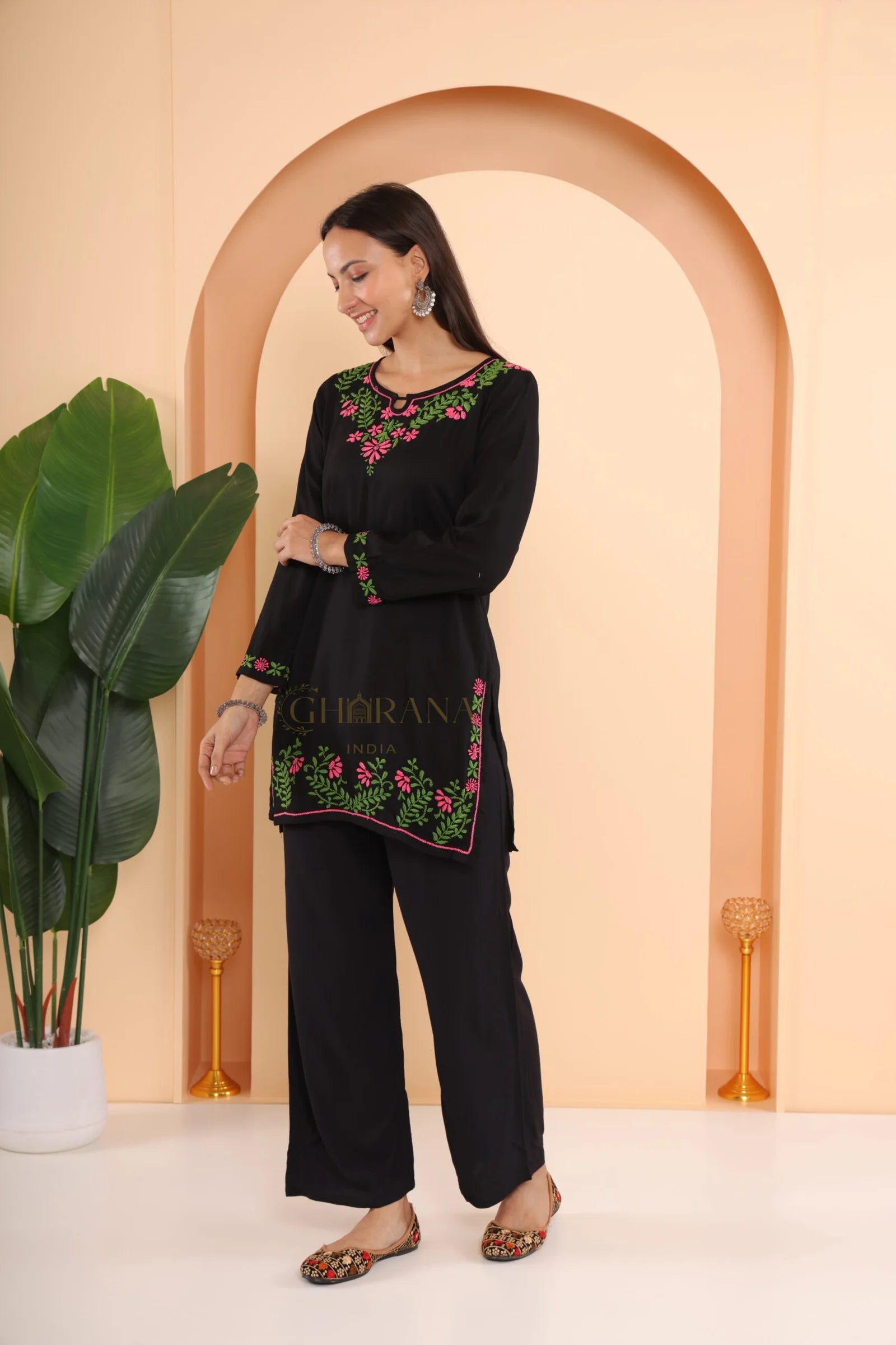 Ishq Modal 2 PC Black Chikankari Short Kurta set in Green and Pink Gharana