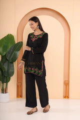 Ishq Modal 2 PC Black Chikankari Short Kurta set in Green and Pink Gharana