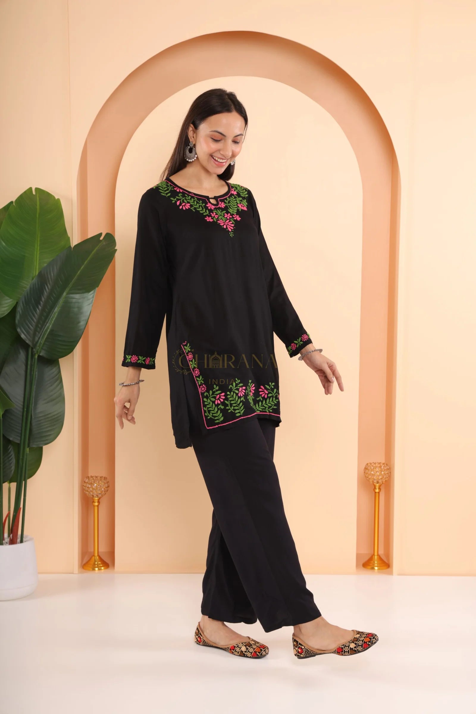 Ishq Modal 2 PC Black Chikankari Short Kurta set in Green and Pink Gharana