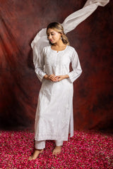 Ishq Chanderi Silk fine Chikankari Kurta_White Gharana