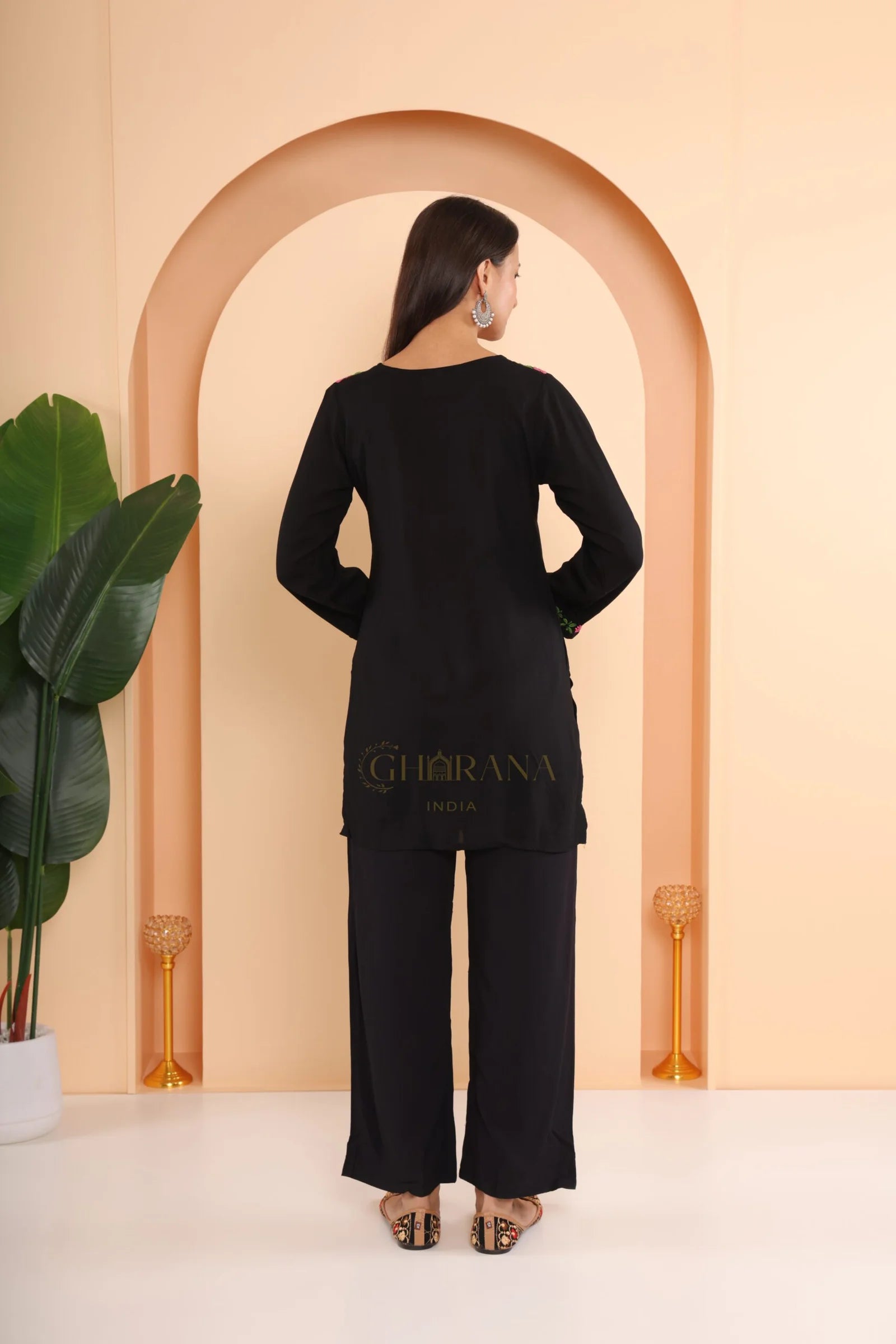 Ishq Modal 2 PC Black Chikankari Short Kurta set in Green and Pink Gharana