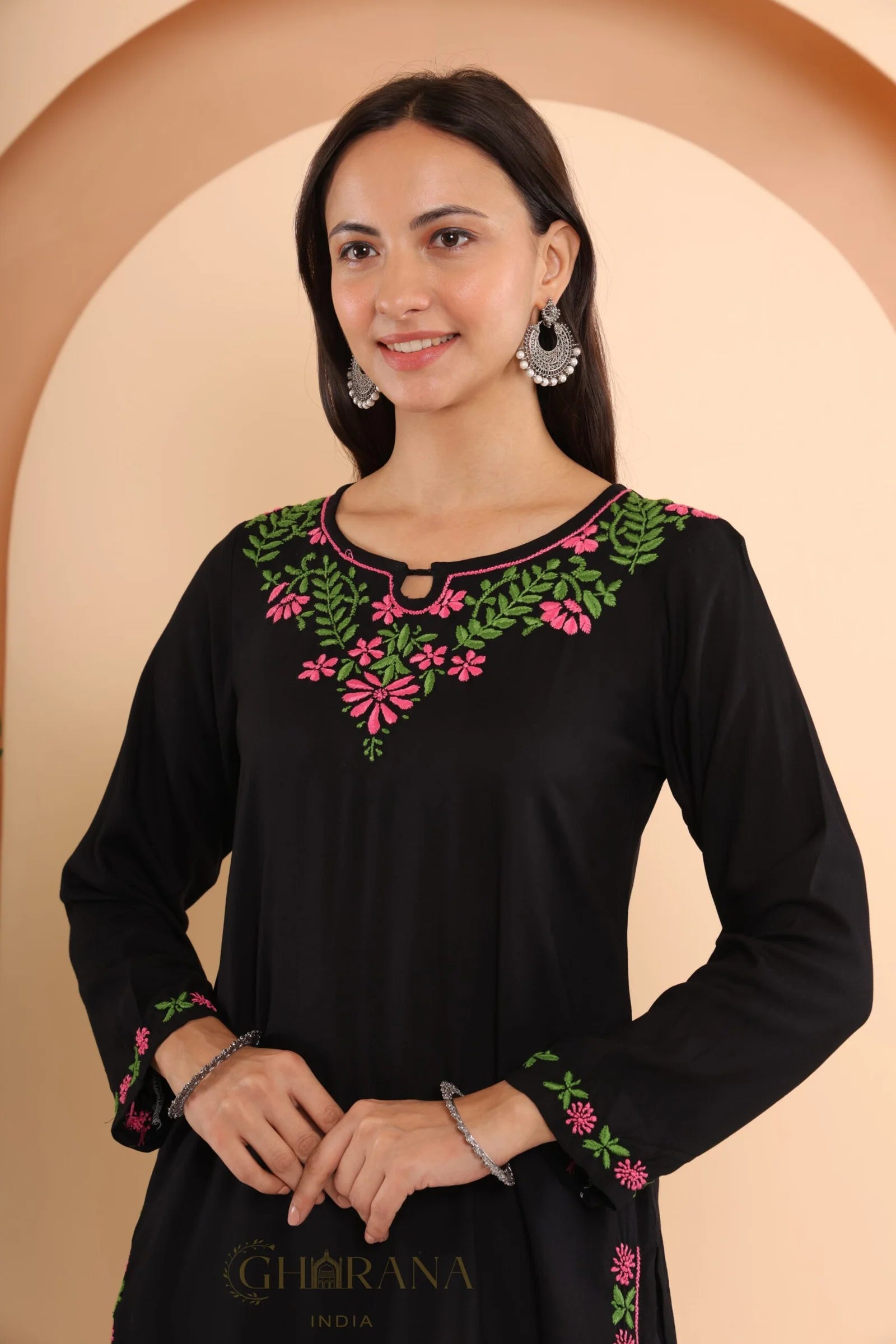 Ishq Modal 2 PC Black Chikankari Short Kurta set in Green and Pink Gharana